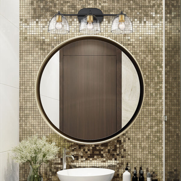 Roxie Matte Black Three-Light Bath Vanity with Brushed Champagne Bronze and Clear Glass Shade, image 2